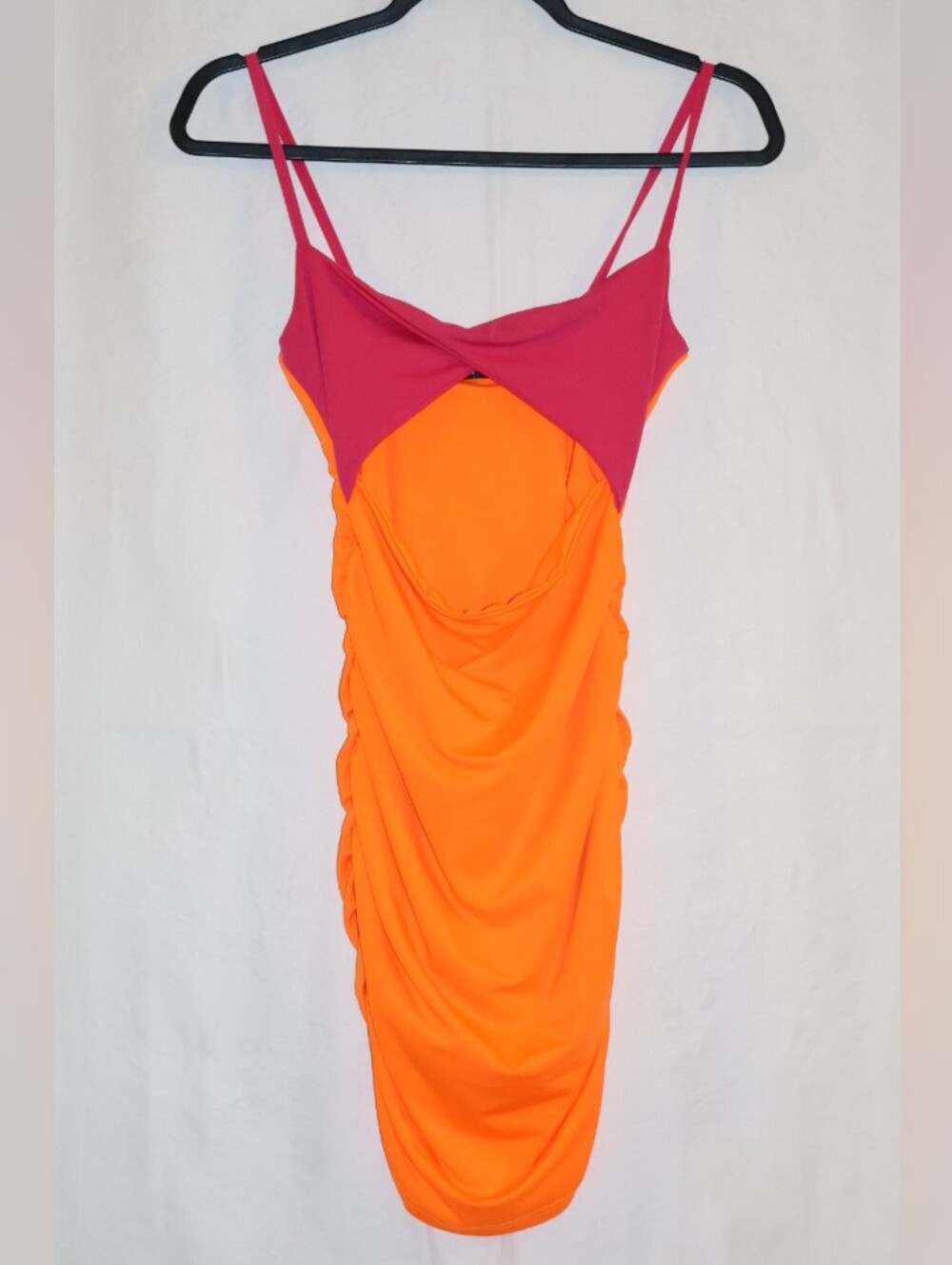 Shein Vibrant Pink And Orange Twist Front Cut Out Ruched Bodycon Mini Dress.